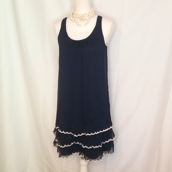 Doe & Rae Ruffle Layer Contrast Edging Tunic Dress. Sleeveless Shear Navy NWOT - Picture 16 of 16
